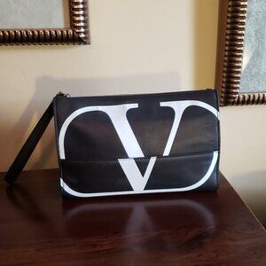 Valentino Garavani (VG) Clutch/Wristlet Black Leather with VG Logo in White